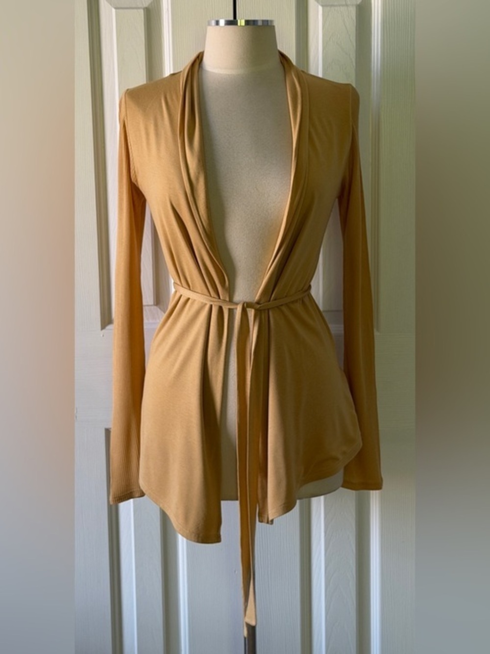 Moda International Mustard Yellow Wrap Cardigan Tie Waist Ribbed Sleeve Small